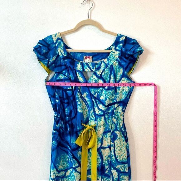 Yoana Baraschi Blue Dress With Chartreuse Accent Belt 100% Silk  Anthropologie - Picture 12 of 16